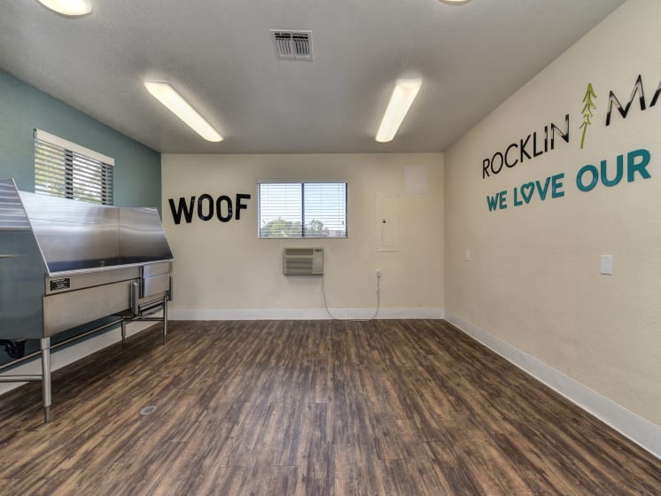 Dog Spa Tub with Sink, Hardwood Inspired Floor, Dog Washing Tub, WOOF Written in Black Letters on Wall ,